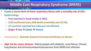 Middle East Respiratory Syndrome (MERS)
• Causes a severe form of lower respiratory illness with a mortality rate of 35%.
• Epidemiology
– First reported in Saudi Arabia in 2012.
– 2519 confirmed cases; 858 deaths (mortality rate 34.3%).
– 27 countries reported but india was not affected.
– Origin  Bat  Camel  Human
• Transmission:- Zoonotic (Camel to human) and Human to Human
• High risk for severe disease:- Elderly people with diabetes, renal failure, Chronic
lung disease and immunocompromised persons from MERS-CoV infection.
 