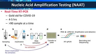 Nucleic Acid Amplification Testing (NAAT)
• Real-Time RT-PCR
– Gold std for COVID-19
– 4-5 hrs
– >90 sample at a time
 