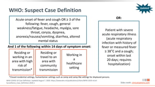 Residing or
working in an
area with high
risk of
transmission*
WHO: Suspect Case Definition
Acute onset of fever and cough OR ≥ 3 of the
following: fever, cough, general
weakness/fatigue, headache, myalgia, sore
throat, coryza, dyspnea,
anorexia/nausea/vomiting, diarrhea, altered
mental status
And 1 of the following within 14 days of symptom onset:
Residing or
travel to an
area with
community
transmission
Working in
a
healthcare
setting
WHO COVID-19 Case Definition. Updated August 7, 2020. https://www.who.int/publications/i/item/WHO-2019-nCoV-
Surveillance_Case_Definition-2020.1 Slide credit: clinicaloptions.com
*Closed residential settings, humanitarian settings such as camp and camp-like settings for displaced persons.
OR:
Patient with severe
acute respiratory illness
(acute respiratory
infection with history of
fever or measured fever
≥ 38°C and a cough;
onset within last
20 days; requires
hospitalization)
Updated
 