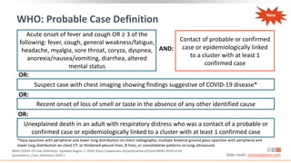 Contact of probable or confirmed
case or epidemiologically linked
to a cluster with at least 1
confirmed case
WHO: Probable Case Definition
Acute onset of fever and cough OR ≥ 3 of the
following: fever, cough, general weakness/fatigue,
headache, myalgia, sore throat, coryza, dyspnea,
anorexia/nausea/vomiting, diarrhea, altered
mental status
AND:
WHO COVID-19 Case Definition. Updated August 7, 2020. https://www.who.int/publications/i/item/WHO-2019-nCoV-
Surveillance_Case_Definition-2020.1 Slide credit: clinicaloptions.com
*Hazy opacities with peripheral and lower lung distribution on chest radiography; multiple bilateral ground glass opacities with peripheral and
lower lung distribution on chest CT; or thickened pleural lines, B lines, or consolidative patterns on lung ultrasound.
OR:
Suspect case with chest imaging showing findings suggestive of COVID-19 disease*
OR:
Recent onset of loss of smell or taste in the absence of any other identified cause
OR:
Unexplained death in an adult with respiratory distress who was a contact of a probable or
confirmed case or epidemiologically linked to a cluster with at least 1 confirmed case
New
 