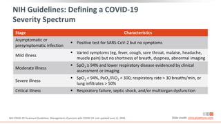 NIH Guidelines: Defining a COVID-19
Severity Spectrum
NIH COVID-19 Treatment Guidelines. Management of persons with COVID-19. Last updated June 11, 2020. Slide credit: clinicaloptions.com
Stage Characteristics
Asymptomatic or
presymptomatic infection
 Positive test for SARS-CoV-2 but no symptoms
Mild illness
 Varied symptoms (eg, fever, cough, sore throat, malaise, headache,
muscle pain) but no shortness of breath, dyspnea, abnormal imaging
Moderate illness
 SpO2 ≥ 94% and lower respiratory disease evidenced by clinical
assessment or imaging
Severe illness
 SpO2 < 94%, PaO2/FiO2 < 300, respiratory rate > 30 breaths/min, or
lung infiltrates > 50%
Critical illness  Respiratory failure, septic shock, and/or multiorgan dysfunction
 