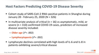 Host Factors Predicting COVID-19 Disease Severity
 Cohort study of SARS-CoV-2 RNA–positive patients in Shanghai during
January 20 - February 25, 2020 (N = 326)
 In multivariate analysis of critical (n = 16) vs asymptomatic, mild, or
severe (n = 310) confirmed COVID-19 cases, predictors of increased
disease severity included:
‒ Older age (P = .002)
‒ Lymphocytopenia (P = .002)
 Lymphocyte declines correlated with high levels of IL-6 and IL-8 in
patients exhibiting severe/critical disease
Zhang. Nature. 2020;583:437. Slide credit: clinicaloptions.com
 
