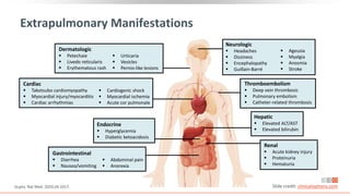 Endocrine
 Hyperglycemia
 Diabetic ketoacidosis
Extrapulmonary Manifestations
Gupta. Nat Med. 2020;26:1017. Slide credit: clinicaloptions.com
Neurologic
 Headaches
 Dizziness
 Encephalopathy
 Guillain-Barré
New
Renal
 Acute kidney injury
 Proteinuria
 Hematuria
Hepatic
 Elevated ALT/AST
 Elevated bilirubin
Cardiac
 Takotsubo cardiomyopathy
 Myocardial injury/myocarditis
 Cardiac arrhythmias
 Ageusia
 Myalgia
 Anosmia
 Stroke
 Cardiogenic shock
 Myocardial ischemia
 Acute cor pulmonale
Dermatologic
 Petechaie
 Livedo reticularis
 Erythematous rash
 Urticaria
 Vesicles
 Pernio-like lesions
Thromboembolism
 Deep vein thrombosis
 Pulmonary embolism
 Catheter-related thrombosis
Gastrointestinal
 Diarrhea
 Nausea/vomiting
 Abdominal pain
 Anorexia
 