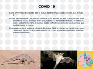 COVID 19
Es la enfermedad causada por el nuevo coronavirus conocido como SARS-CoV-
2.
El virus se transmite de una persona infectada a otra a través del aire, cuando el virus entra
en contacto con las mucosas de los ojos, la boca y la nariz mediante la tos, el estornudo,
tocar o estrechar la mano. Causando desde resfriado común hasta una neumonía que
puede provocar la muerte.
Esta pandemia inició en China a fines de Diciembre 2019, en Wuhan, se identificó un nuevo
coronavirus (nCoV) como posible etiología, su origen se atribuye al pangolín, mamífero
usado como alimento.
 