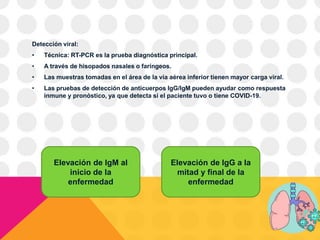 Detección viral:
• Técnica: RT-PCR es la prueba diagnóstica principal.
• A través de hisopados nasales o faríngeos.
• Las muestras tomadas en el área de la vía aérea inferior tienen mayor carga viral.
• Las pruebas de detección de anticuerpos IgG/IgM pueden ayudar como respuesta
inmune y pronóstico, ya que detecta si el paciente tuvo o tiene COVID-19.
Elevación de IgM al
inicio de la
enfermedad
Elevación de IgG a la
mitad y final de la
enfermedad
 