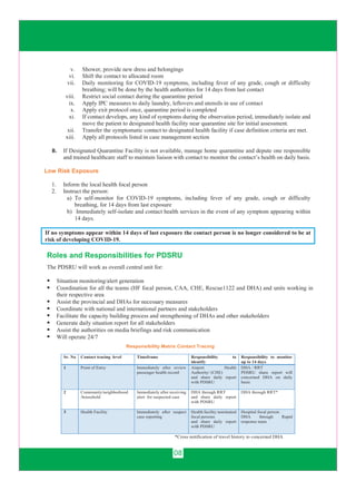 08
v. Shower, provide new dress and belongings
vi. Shift the contact to allocated room
vii. Daily monitoring for COVID-19 symptoms, including fever of any grade, cough or difficulty
breathing; will be done by the health authorities for 14 days from last contact
viii. Restrict social contact during the quarantine period
ix. Apply IPC measures to daily laundry, leftovers and utensils in use of contact
x. Apply exit protocol once, quarantine period is completed
xi. If contact develops, any kind of symptoms during the observation period, immediately isolate and
move the patient to designated health facility near quarantine site for initial assessment.
xii. Transfer the symptomatic contact to designated health facility if case definition criteria are met.
xiii. Apply all protocols listed in case management section
B. If Designated Quarantine Facility is not available, manage home quarantine and depute one responsible
and trained healthcare staff to maintain liaison with contact to monitor the contact’s health on daily basis.
Low Risk Exposure
1. Inform the local health focal person
2. Instruct the person:
a) To self-monitor for COVID-19 symptoms, including fever of any grade, cough or difficulty
breathing, for 14 days from last exposure
b) Immediately self-isolate and contact health services in the event of any symptom appearing within
14 days.
If no symptoms appear within 14 days of last exposure the contact person is no longer considered to be at
risk of developing COVID-19.
Responsibility Matrix Contact Tracing
Sr. No Contact tracing level Timeframe Responsibility to
identify
Responsibility to monitor
up to 14 days
1 Point of Entry Immediately after review
passenger health record
Airport Health
Authority/ (CHE)
and share daily report
with PDSRU
DHA / RRT
PDSRU share report will
concerned DHA on daily
basis
2 Community/neighborhood
/household
Immediately after receiving
alert for suspected case
DHA through RRT
and share daily report
with PDSRU
DHA through RRT*
3 Health Facility Immediately after suspect
case reporting
Health facility nominated
focal persons
and share daily report
with PDSRU
Hospital focal person
DHA through Rapid
response team
*Cross notification of travel history to concerned DHA
Roles and Responsibilities for PDSRU
The PDSRU will work as overall central unit for:
 Situation monitoring/alert generation
 Coordination for all the teams (HF focal person, CAA, CHE, Rescue1122 and DHA) and units working in
their respective area
 Assist the provincial and DHAs for necessary measures
 Coordinate with national and international partners and stakeholders
 Facilitate the capacity building process and strengthening of DHAs and other stakeholders
 Generate daily situation report for all stakeholders
 Assist the authorities on media briefings and risk communication
 Will operate 24/7
 