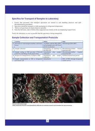 26
1. Ensure that personnel who transport specimens are trained in safe handling practices and spill
decontamination procedures.
2. Specimen should be transport in triple packaging in refrigerated temperature.
3. Deliver all specimens by hand whenever possible.
4. State the full name, date of birth of the suspected case clearly on the accompanying request form.
Notify the laboratory as soon as possible that the specimen is being transported.
Specifics for Transport of Samples to Laboratory
Sample Collection and Transportation Protocols
Activity When Who
1 Provision of viral transport medium /cold chain
boxes
Available with the DHA-RRT
(to be handed over to HF focal
person in advance)
NIH through DHA-RRT
2 Sample collection Immediately on reporting to
the HDU/HF
Microbiologist/skilled hospital
based lab staff
3 Sample sealing in NIH provided VTM/cold
chain box and filling of Lab request form
Immediately after sample
collection
Microbiologist/skilled hospital
based lab staff
4 Request for transportation of sample to DSC Immediately after sample
collection
Notified hospital focal person
5 Sample transportation to NIH or designated
provincial Lab
Immediately DSC of DHA through designated
courier service
Picture Credits Getty Images
https://www.who.int/news-room/detail/06-02-2020-who-to-accelerate-research-and-innovation-for-new-coronavirus
 