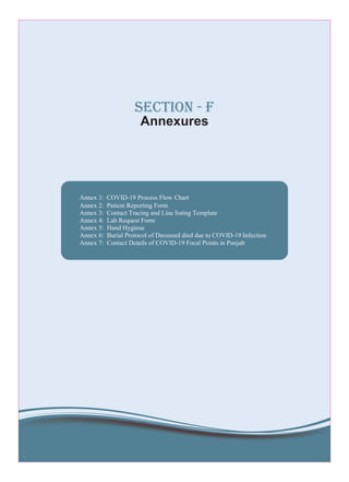 Annex 1: COVID-19 Process Flow Chart
Annex 2: Patient Reporting Form
Annex 3: Contact Tracing and Line listing Template
Annex 4: Lab Request Form
Annex 5: Hand Hygiene
Annex 6: Burial Protocol of Deceased died due to COVID-19 Infection
Annex 7: Contact Details of COVID-19 Focal Points in Punjab
Annexures
section - f
 