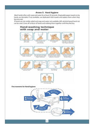 42
Annex 5: Hand Hygiene
Wash hands often with soap and water for at least 20 seconds. Disposable paper towels to dry
hands are desirable. If not available, use dedicated cloth towels and replace them when they
become wet.
If hands are not visibly soiled and soap and water not available, 60% alcohol-based hand rub
can be used. Cover all surfaces of hands and rubbing them together until they feel dry.
Five moments for Hand hygiene
 