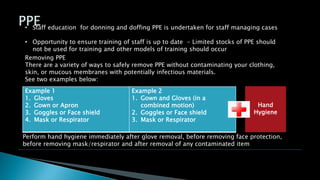 • Staff education for donning and doffing PPE is undertaken for staff managing cases
• Opportunity to ensure training of staff is up to date - Limited stocks of PPE should
not be used for training and other models of training should occur
Removing PPE
There are a variety of ways to safely remove PPE without contaminating your clothing,
skin, or mucous membranes with potentially infectious materials.
See two examples below:
Example 1
1. Gloves
2. Gown or Apron
3. Goggles or Face shield
4. Mask or Respirator
Example 2
1. Gown and Gloves (in a
combined motion)
2. Goggles or Face shield
3. Mask or Respirator
Perform hand hygiene immediately after glove removal, before removing face protection,
before removing mask/respirator and after removal of any contaminated item
Hand
Hygiene
 