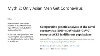 Myth 2: Only Asian Men Get Coronavirus
False.
Asian men MAY have higher
numbers of ACE2 Receptors on
Type 2 Alveolar Cells, but other
studies refute this.
In any case, clearly everyone with
ACE2 receptors is susceptible and
you don’t have to be male or Asian
to be infected.
 