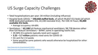 US Surge Capacity Challenges
• Total hospitalizations per year: 34 million (including influenza)
• Hospital beds (2015): ~ 540,668 staffed beds, of which 94,837 ICU beds (of which
4698 dedicated pediatric ICU, 22,330 neonatal ICU); Per CDC Dr Fauci, 45,000
available ICU beds.
• Average occupancy: 64-68%
• Ventilators: ~ 62,188 full-feature mechanical ventilators; 98,738 devices other
than full-feature ventilators – BiPAP; some in operating rooms too.
• 20-40% ICU patients typically need vent support
• 3.25 – 5.7 million patients need vents for COVID-19
• On vent for 2-4 weeks
• Some would be same patients who would otherwise be hospitalized for other
comorbidities.
https://www.ncbi.nlm.nih.gov/pubmed/21149215
https://www.sccm.org/Communications/Critical-Care-Statistics
 