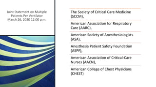 Joint Statement on Multiple
Patients Per Ventilator
March 26, 2020 12:00 p.m.
The Society of Critical Care Medicine
(SCCM),
American Association for Respiratory
Care (AARC),
American Society of Anesthesiologists
(ASA),
Anesthesia Patient Safety Foundation
(ASPF),
American Association of Critical-Care
Nurses (AACN),
American College of Chest Physicians
(CHEST)
 