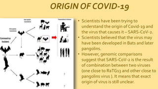 ORIGIN OF COVID-19
• Scientists have been trying to
understand the origin of Covid-19 and
the virus that causes it – SARS-CoV-2.
• Scientists believed that the virus may
have been developed in Bats and later
pangolins.
• However, genomic comparisons
suggest that SARS-CoV-2 is the result
of combination between two viruses
(one close to RaTG13 and other close to
pangolins virus ). It means that exact
origin of virus is still unclear.
 