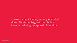 2
Thanks for participating in the global shut
down. This is our biggest contribution
towards reducing the spread of the virus.
 