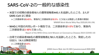 SARS-CoV-2の一般的な感染性
• 米国での初期の感染者10人の濃厚接触者445人を追跡したところ、2人が
SARS-CoV-2に感染
二次感染率は0.45％、家族内二次感染率は10.5％（この2人は発症した患者の家族）
• WHOと中国の共同レポート報告では、二次感染率は1-5％であり、家族内
二次感染率は3-10％であった。
• 台湾での感染者100名の濃厚接触者2,761人を追跡したところ、発症したの
は22人（4人は無症候性）
二次感染率は0.8％
JAMA Intern Med. doi:10.1001/jamainternmed.2020.2020
MMWR Morb Mortal Wkly Rep 2020;69:245-246.
Report of the WHO-China Joint Mission on Coronavirus Disease 2019 (COVID-19)
 