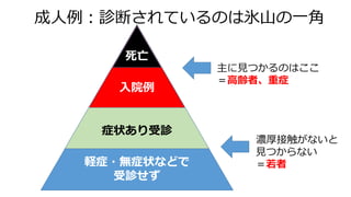 軽症・無症状などで
受診せず
成人例：診断されているのは氷山の一角
症状あり受診
入院例
死亡
主に見つかるのはここ
＝高齢者、重症
濃厚接触がないと
見つからない
＝若者
 