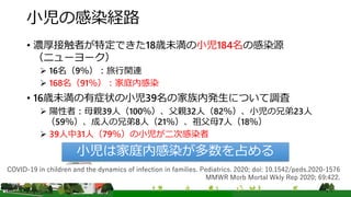 小児の感染経路
• 濃厚接触者が特定できた18歳未満の小児184名の感染源
（ニューヨーク）
 16名（9％）：旅行関連
 168名（91％）：家庭内感染
• 16歳未満の有症状の小児39名の家族内発生について調査
 陽性者：母親39人（100％）、父親32人（82％）、小児の兄弟23人
（59％）、成人の兄弟8人（21％）、祖父母7人（18％）
 39人中31人（79％）の小児が二次感染者
COVID-19 in children and the dynamics of infection in families. Pediatrics. 2020; doi: 10.1542/peds.2020-1576
MMWR Morb Mortal Wkly Rep 2020; 69:422.
小児は家庭内感染が多数を占める
 