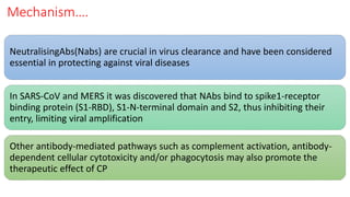 Mechanism….
NeutralisingAbs(Nabs) are crucial in virus clearance and have been considered
essential in protecting against viral diseases
In SARS-CoV and MERS it was discovered that NAbs bind to spike1-receptor
binding protein (S1-RBD), S1-N-terminal domain and S2, thus inhibiting their
entry, limiting viral amplification
Other antibody-mediated pathways such as complement activation, antibody-
dependent cellular cytotoxicity and/or phagocytosis may also promote the
therapeutic effect of CP
 