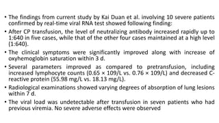 • The findings from current study by Kai Duan et al. involving 10 severe patients
confirmed by real-time viral RNA test showed following finding:
• After CP transfusion, the level of neutralizing antibody increased rapidly up to
1:640 in five cases, while that of the other four cases maintained at a high level
(1:640).
• The clinical symptoms were significantly improved along with increase of
oxyhemoglobin saturation within 3 d.
• Several parameters improved as compared to pretransfusion, including
increased lymphocyte counts (0.65 × 109/L vs. 0.76 × 109/L) and decreased C-
reactive protein (55.98 mg/L vs. 18.13 mg/L).
• Radiological examinations showed varying degrees of absorption of lung lesions
within 7 d.
• The viral load was undetectable after transfusion in seven patients who had
previous viremia. No severe adverse effects were observed
 