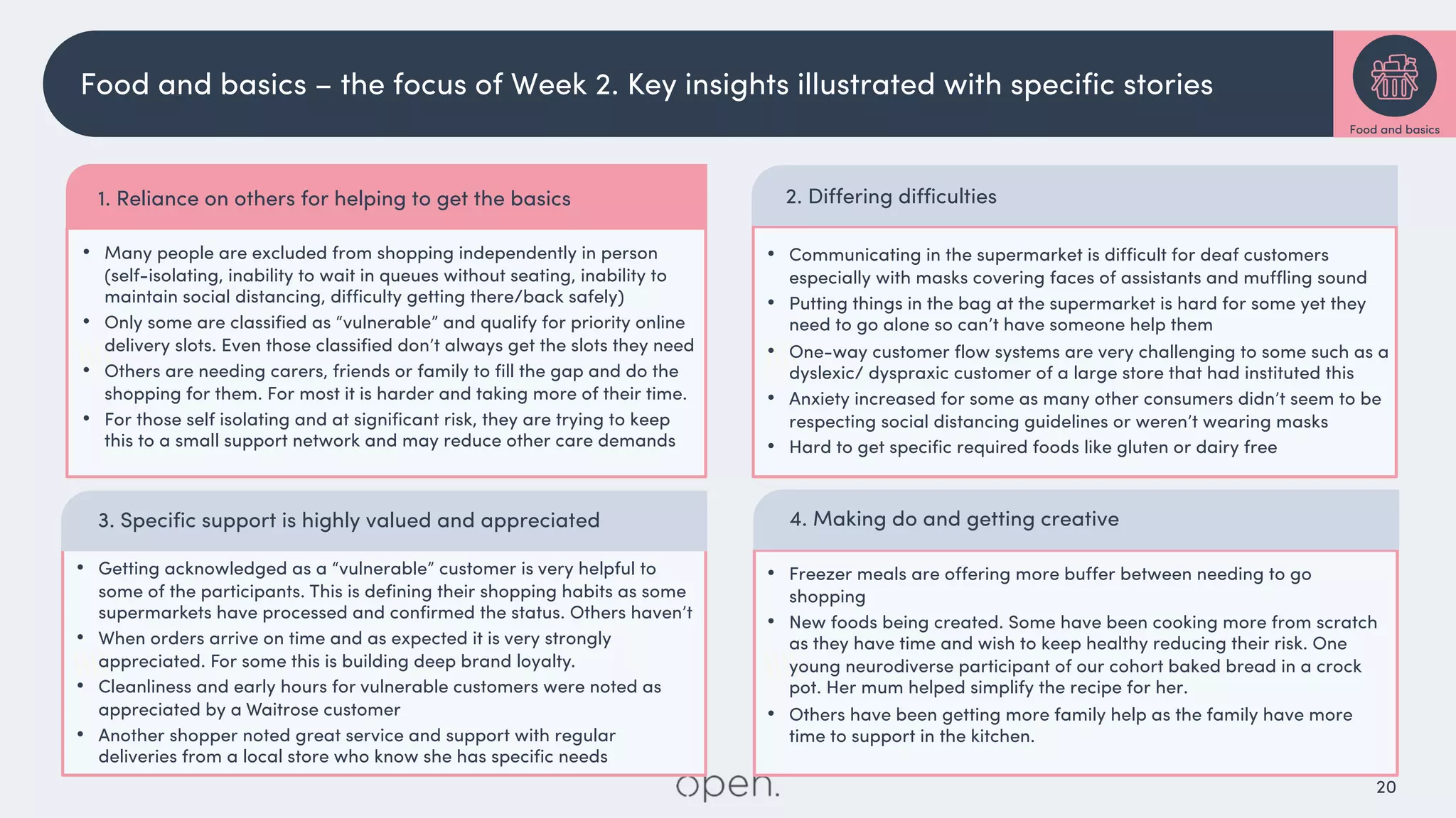 20


• Freezer meals are offering more buffer between needing to go
shopping
• New foods being created. Some have been cooking more from scratch
as they have time and wish to keep healthy reducing their risk. One
young neurodiverse participant of our cohort baked bread in a crock
pot. Her mum helped simplify the recipe for her.
• Others have been getting more family help as the family have more
time to support in the kitchen.
4. Making do and getting creative
• Getting acknowledged as a “vulnerable” customer is very helpful to
some of the participants. This is defining their shopping habits as some
supermarkets have processed and confirmed the status. Others haven’t
• When orders arrive on time and as expected it is very strongly
appreciated. For some this is building deep brand loyalty.
• Cleanliness and early hours for vulnerable customers were noted as
appreciated by a Waitrose customer
• Another shopper noted great service and support with regular
deliveries from a local store who know she has specific needs
3. Specific support is highly valued and appreciated
• Communicating in the supermarket is difficult for deaf customers
especially with masks covering faces of assistants and muffling sound
• Putting things in the bag at the supermarket is hard for some yet they
need to go alone so can’t have someone help them
• One-way customer flow systems are very challenging to some such as a
dyslexic/ dyspraxic customer of a large store that had instituted this
• Anxiety increased for some as many other consumers didn’t seem to be
respecting social distancing guidelines or weren’t wearing masks
• Hard to get specific required foods like gluten or dairy free
2. Differing difficulties
• Many people are excluded from shopping independently in person
(self-isolating, inability to wait in queues without seating, inability to
maintain social distancing, difficulty getting there/back safely)
• Only some are classified as “vulnerable” and qualify for priority online
delivery slots. Even those classified don’t always get the slots they need
• Others are needing carers, friends or family to fill the gap and do the
shopping for them. For most it is harder and taking more of their time.
• For those self isolating and at significant risk, they are trying to keep
this to a small support network and may reduce other care demands
1. Reliance on others for helping to get the basics
Food and basics – the focus of Week 2. Key insights illustrated with specific stories
Food and basics
 