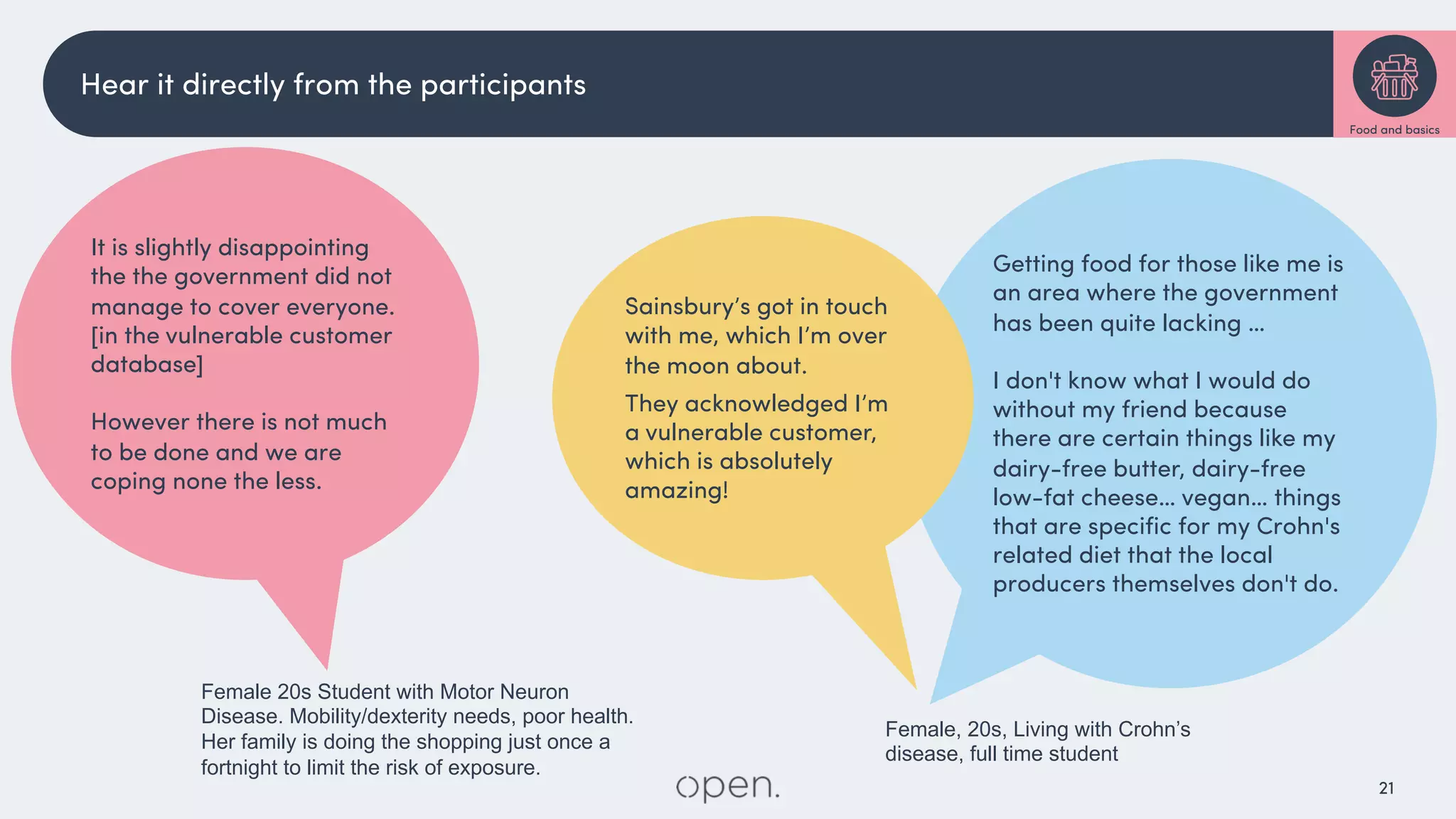 21
Female, 20s, Living with Crohn’s
disease, full time student
Getting food for those like me is
an area where the government
has been quite lacking …
I don't know what I would do
without my friend because
there are certain things like my
dairy-free butter, dairy-free
low-fat cheese… vegan… things
that are specific for my Crohn's
related diet that the local
producers themselves don't do.
Sainsbury’s got in touch
with me, which I’m over
the moon about.
They acknowledged I’m
a vulnerable customer,
which is absolutely
amazing!
Female 20s Student with Motor Neuron
Disease. Mobility/dexterity needs, poor health.
Her family is doing the shopping just once a
fortnight to limit the risk of exposure.
It is slightly disappointing
the the government did not
manage to cover everyone.
[in the vulnerable customer
database]
However there is not much
to be done and we are
coping none the less.
Hear it directly from the participants
Food and basics
 