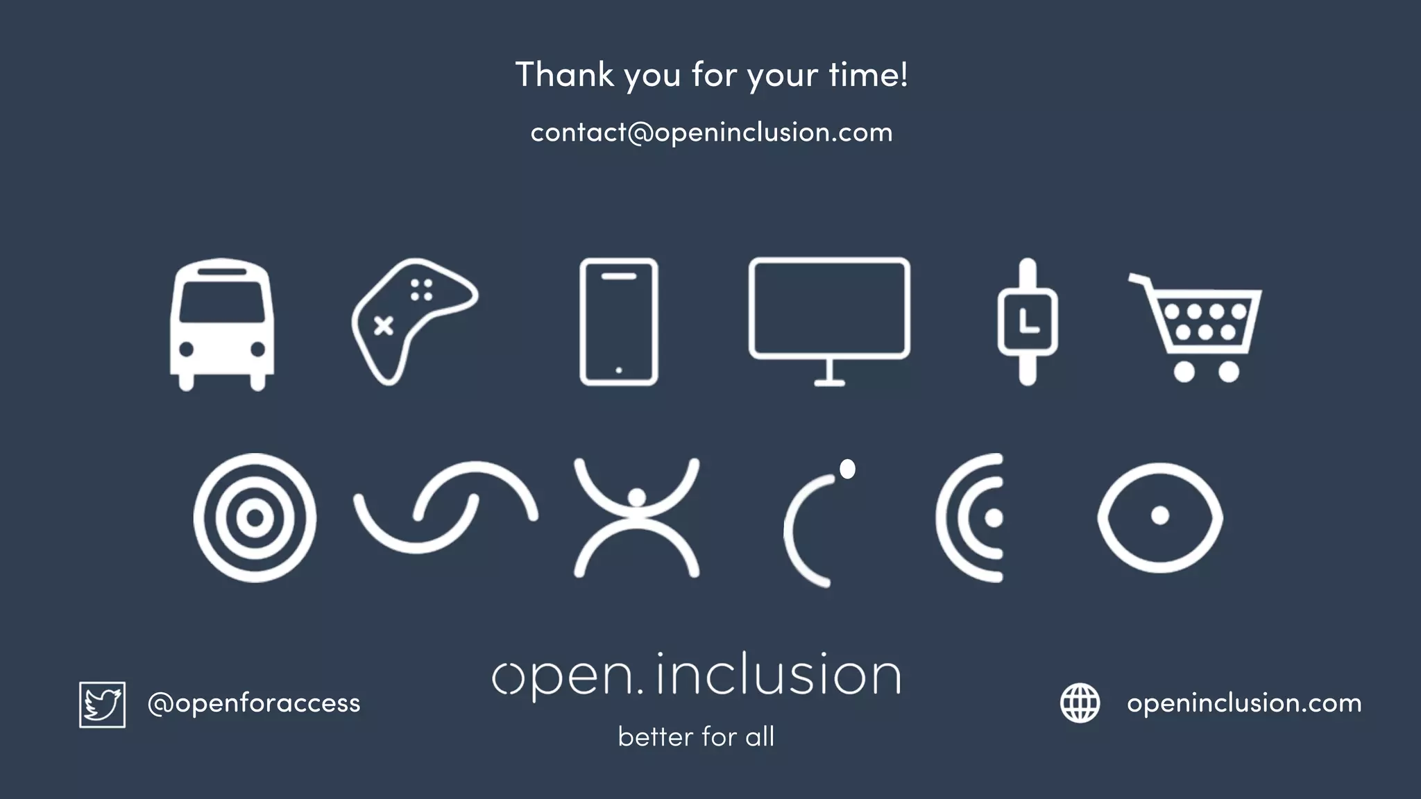 Thank you for your time!
contact@openinclusion.com
openinclusion.com@openforaccess
better for all
 