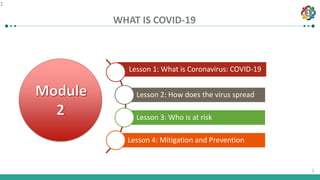 1
1
WHAT IS COVID-19
1
Lesson 1: What is Coronavirus: COVID-19
Lesson 2: How does the virus spread
Lesson 3: Who is at risk
Lesson 4: Mitigation and Prevention
 