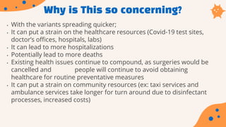 Why is This so concerning?
• With the variants spreading quicker;
• It can put a strain on the healthcare resources (Covid-19 test sites,
doctor’s offices, hospitals, labs)
• It can lead to more hospitalizations
• Potentially lead to more deaths
• Existing health issues continue to compound, as surgeries would be
cancelled and people will continue to avoid obtaining
healthcare for routine preventative measures
• It can put a strain on community resources (ex: taxi services and
ambulance services take longer for turn around due to disinfectant
processes, increased costs)
 