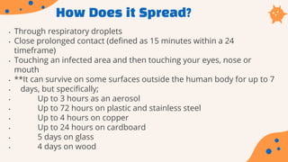 How Does it Spread?
• Through respiratory droplets
• Close prolonged contact (defined as 15 minutes within a 24
timeframe)
• Touching an infected area and then touching your eyes, nose or
mouth
• **It can survive on some surfaces outside the human body for up to 7
• days, but specifically;
• Up to 3 hours as an aerosol
• Up to 72 hours on plastic and stainless steel
• Up to 4 hours on copper
• Up to 24 hours on cardboard
• 5 days on glass
• 4 days on wood
 