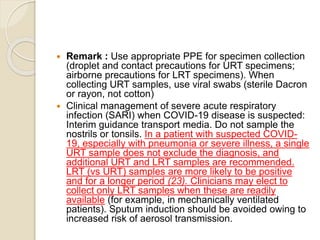  Remark : Use appropriate PPE for specimen collection
(droplet and contact precautions for URT specimens;
airborne precautions for LRT specimens). When
collecting URT samples, use viral swabs (sterile Dacron
or rayon, not cotton)
 Clinical management of severe acute respiratory
infection (SARI) when COVID-19 disease is suspected:
Interim guidance transport media. Do not sample the
nostrils or tonsils. In a patient with suspected COVID-
19, especially with pneumonia or severe illness, a single
URT sample does not exclude the diagnosis, and
additional URT and LRT samples are recommended.
LRT (vs URT) samples are more likely to be positive
and for a longer period (23). Clinicians may elect to
collect only LRT samples when these are readily
available (for example, in mechanically ventilated
patients). Sputum induction should be avoided owing to
increased risk of aerosol transmission.
 