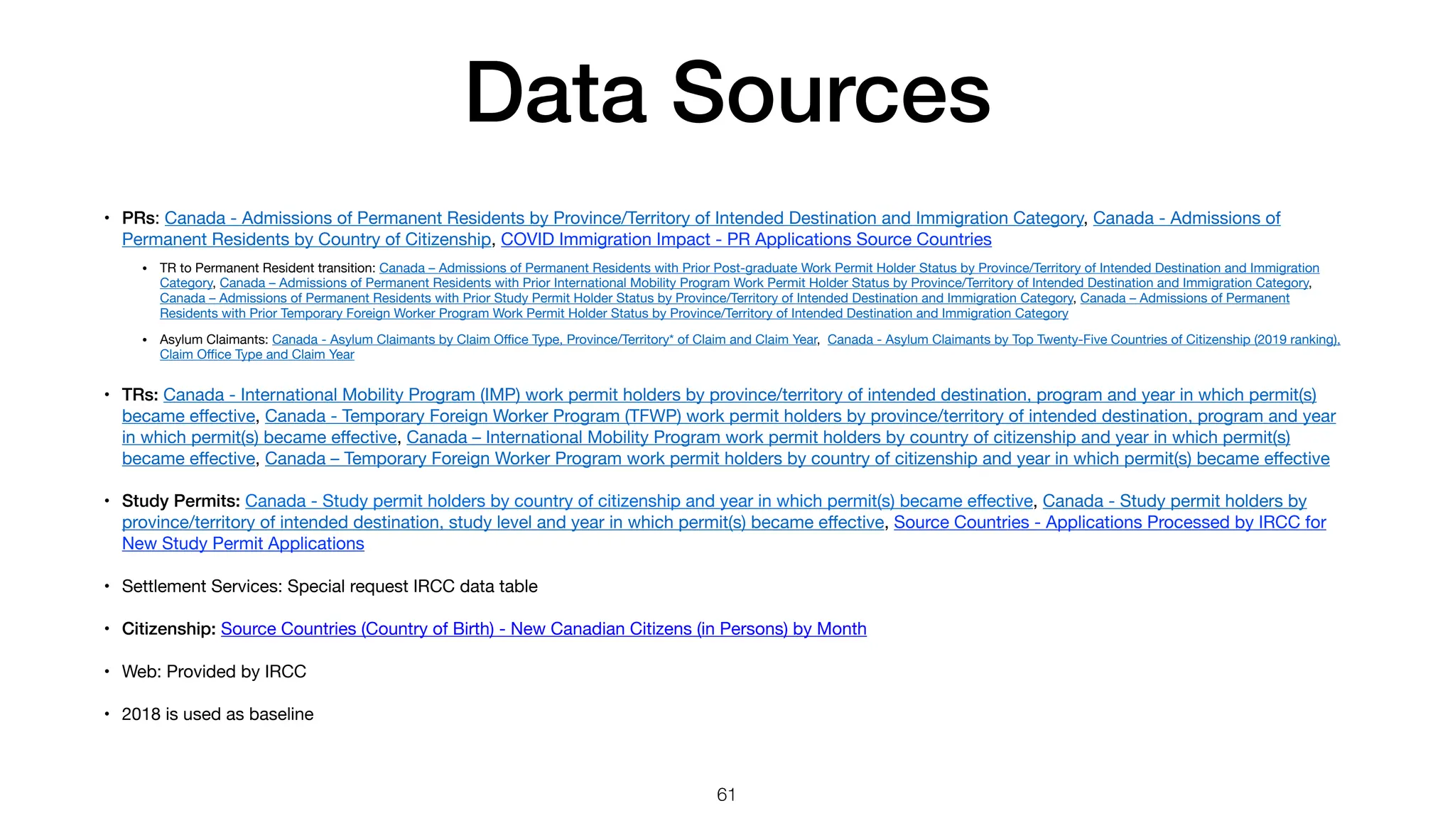 Data Sources
• PRs: Canada - Admissions of Permanent Residents by Province/Territory of Intended Destination and Immigration Category, Canada - Admissions of
Permanent Residents by Country of Citizenship, COVID Immigration Impact - PR Applications Source Countries
• TR to Permanent Resident transition: Canada – Admissions of Permanent Residents with Prior Post-graduate Work Permit Holder Status by Province/Territory of Intended Destination and Immigration
Category, Canada – Admissions of Permanent Residents with Prior International Mobility Program Work Permit Holder Status by Province/Territory of Intended Destination and Immigration Category,
Canada – Admissions of Permanent Residents with Prior Study Permit Holder Status by Province/Territory of Intended Destination and Immigration Category, Canada – Admissions of Permanent
Residents with Prior Temporary Foreign Worker Program Work Permit Holder Status by Province/Territory of Intended Destination and Immigration Category
• Asylum Claimants: Canada - Asylum Claimants by Claim O
ffi
ce Type, Province/Territory* of Claim and Claim Year, Canada - Asylum Claimants by Top Twenty-Five Countries of Citizenship (2019 ranking),
Claim O
ffi
ce Type and Claim Year
• TRs: Canada - International Mobility Program (IMP) work permit holders by province/territory of intended destination, program and year in which permit(s)
became e
ff
ective, Canada - Temporary Foreign Worker Program (TFWP) work permit holders by province/territory of intended destination, program and year
in which permit(s) became e
ff
ective, Canada – International Mobility Program work permit holders by country of citizenship and year in which permit(s)
became e
ff
ective, Canada – Temporary Foreign Worker Program work permit holders by country of citizenship and year in which permit(s) became e
ff
ective
• Study Permits: Canada - Study permit holders by country of citizenship and year in which permit(s) became e
ff
ective, Canada - Study permit holders by
province/territory of intended destination, study level and year in which permit(s) became e
ff
ective, Source Countries - Applications Processed by IRCC for
New Study Permit Applications
• Settlement Services: Special request IRCC data table
• Citizenship: Source Countries (Country of Birth) - New Canadian Citizens (in Persons) by Month
• Web: Provided by IRCC
• 2018 is used as baseline
61
 