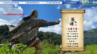 23
4. 工作情境革新
4.1 為什麼要重大投資?
4.2 為何要建造一座世界級工廠?
4.3 與環境人文結合的工作生態
4.4 打群架的全球化工廠平台
做 台 灣 最 好 的 筷 子
1.不確定性生態快速變動 2.創新賽局橫掃全球 3.不改變!等著被改變 4.工作情境革新
1.民生必需品
(非一次性產品)
2.綠色工廠製造
3.產品不是第一
就是唯一
4.全球工廠聯盟
5.網路平台行銷
 