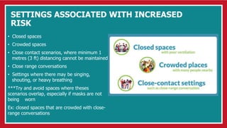 SETTINGS ASSOCIATED WITH INCREASED
RISK
• Closed spaces
• Crowded spaces
• Close contact scenarios, where minimum 1
metres (3 ft) distancing cannot be maintained
• Close range conversations
• Settings where there may be singing,
shouting, or heavy breathing
***Try and avoid spaces where theses
scenarios overlap, especially if masks are not
being worn
Ex: closed spaces that are crowded with close-
range conversations
 