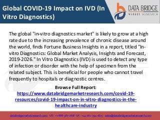 databridgemarketresearch.com US : +1-888-387-2818 UK : +44-161-394-0625 sales@databridgemarketresearch.com
1
Global COVID-19 Impact on IVD (In
Vitro Diagnostics)
The global "in-vitro diagnostics market" is likely to grow at a high
rate due to the increasing prevalence of chronic disease around
the world, finds Fortune Business Insights in a report, titled "In-
vitro Diagnostics: Global Market Analysis, Insights and Forecast,
2019-2026." In Vitro Diagnostics (IVD) is used to detect any type
of infection or disorder with the help of specimen from the
related subject. This is beneficial for people who cannot travel
frequently to hospitals or diagnostic centres.
Browse Full Report:
https://www.databridgemarketresearch.com/covid-19-
resources/covid-19-impact-on-in-vitro-diagnostics-in-the-
healthcare-industry
 
