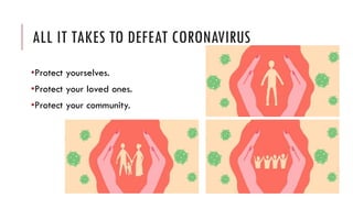 ALL IT TAKES TO DEFEAT CORONAVIRUS
•Protect yourselves.
•Protect your loved ones.
•Protect your community.
 