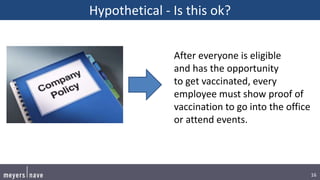 16
Hypothetical - Is this ok?
After everyone is eligible
and has the opportunity
to get vaccinated, every
employee must show proof of
vaccination to go into the office
or attend events.
 
