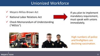 21
Unionized Workforce
 Meyers-Milias-Brown Act
 National Labor Relations Act
 Check Memorandum of Understanding
(“MOUs”)
High numbers of police
and firefighters are
declining vaccination.
If you plan to implement
mandatory requirement,
must speak with unions
immediately.
 