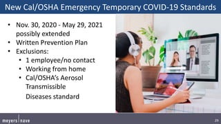 29
New Cal/OSHA Emergency Temporary COVID-19 Standards
• Nov. 30, 2020 - May 29, 2021
possibly extended
• Written Prevention Plan
• Exclusions:
• 1 employee/no contact
• Working from home
• Cal/OSHA’s Aerosol
Transmissible
Diseases standard
 
