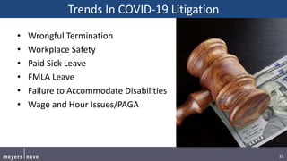 35
Trends In COVID-19 Litigation
• Wrongful Termination
• Workplace Safety
• Paid Sick Leave
• FMLA Leave
• Failure to Accommodate Disabilities
• Wage and Hour Issues/PAGA
 
