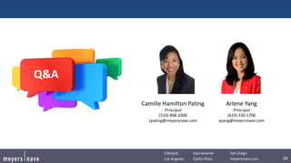 39
Camille Hamilton Pating
Principal
(510) 808-2000
cpating@meyersnave.com
Arlene Yang
Principal
(619) 330-1700
ayang@meyersnave.com
 