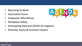 4
• Returning To Work
• Vaccination Issues
• Employees Who Refuse
• Workplace Safety
• Anticipating Potential COVID-19 Litigation
• Diversity, Equity & Inclusion Impacts
 