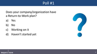 7
Poll #1
Does your company/organization have
a Return-to-Work plan?
a) Yes
b) No
c) Working on it
d) Haven’t started yet
 