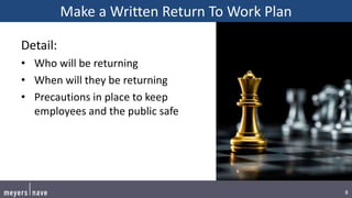 8
Make a Written Return To Work Plan
Detail:
• Who will be returning
• When will they be returning
• Precautions in place to keep
employees and the public safe
 