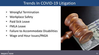 35
Trends In COVID-19 Litigation
• Wrongful Termination
• Workplace Safety
• Paid Sick Leave
• FMLA Leave
• Failure to Acc...