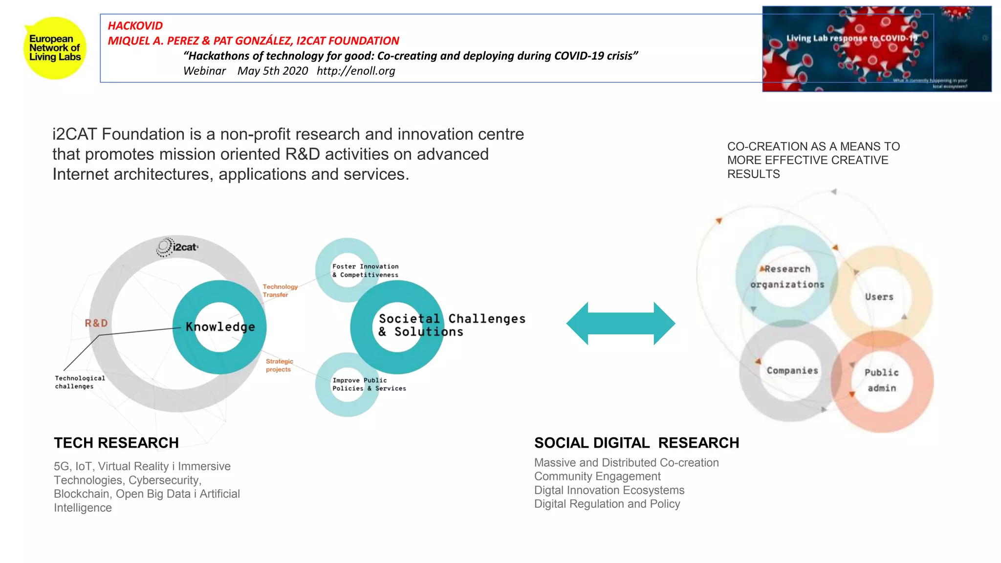 HACKOVID
MIQUEL A. PEREZ & PAT GONZÁLEZ, I2CAT FOUNDATION
“Hackathons of technology for good: Co-creating and deploying during COVID-19 crisis”
Webinar May 5th 2020 http://enoll.org
i2CAT Foundation is a non-profit research and innovation centre
that promotes mission oriented R&D activities on advanced
Internet architectures, applications and services.
CO-CREATION AS A MEANS TO
MORE EFFECTIVE CREATIVE
RESULTS
Massive and Distributed Co-creation
Community Engagement
Digtal Innovation Ecosystems
Digital Regulation and Policy
5G, IoT, Virtual Reality i Immersive
Technologies, Cybersecurity,
Blockchain, Open Big Data i Artificial
Intelligence
TECH RESEARCH SOCIAL DIGITAL RESEARCH
 