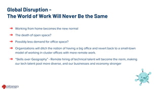 Global Disruption -
The World of Work Will Never Be the Same
➔ Working from home becomes the new normal
➔ The death of open space?
➔ Possibly less demand for office space?
➔ Organizations will ditch the notion of having a big office and revert back to a small-town
model of working in cluster offices with more remote work.
➔ “Skills over Geography” - Remote hiring of technical talent will become the norm, making
our tech talent pool more diverse, and our businesses and economy stronger
 