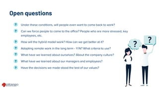 Open questions
Under these conditions, will people even want to come back to work?
Can we force people to come to the office? People who are more stressed, key
employees, etc.
How will the hybrid model work? How can we get better at it?
Adopting remote work in the long term - Y/N? What criteria to use?
What have we learned about ourselves? About the company culture?
What have we learned about our managers and employees?
Have the decisions we made stood the test of our values?
?
?
?
?
?
?
?
 