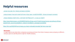 Helpful resources
‫חדר‬‫מצב‬‫נגיף‬‫הקורונה‬ – ‫התאחדות‬‫התעשיינים‬‫בישראל‬
‫וובינר‬‫המשך‬‫עבודה‬‫תחת‬‫לחץ‬‫לשעת‬‫חירום‬‫ונוהל‬‫המשכיות‬‫עסקית‬ 23.04.2020 – ‫התאחדות‬‫התעשיינים‬‫בישראל‬
‫חזרה‬‫לשגרה‬‫במקומות‬‫העבודה‬ – ‫כיצד‬‫לקבל‬‫את‬‫ה‬ " ‫תו‬‫הסגול‬ " ? – ‫קרן‬‫זיו‬ , ‫משרד‬‫עו‬ "‫ד‬
https://www.fastcompany.com/90486053/all-the-things-covid-19-will-change-forever-according-to-30-top-
experts?utm_source=pocket&utm_medium=email&utm_campaign=pockethits
https://hbr.org/2020/04/how-to-keep-your-team-motivated-remotely?ab=hero-main-text
Remember:
It might help to see what other companies are doing and learn from them, however every company is different,
and your job is to identify what is right for YOUR company.
 