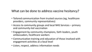 What can be done to address vaccine hesitancy?
• Tailored communication from trusted sources (eg, healthcare
providers, community representatives)
• Access to community groups and local NHS Services – primary
and community-led vaccination
• Engagement by community champions, faith leaders, youth
ambassadors, healthcare workers
• Communication training and education of those involved with
engagement activities at a local level
• Listen, respect, address information needs
 